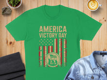 Load image into Gallery viewer, Green t-shirt with "America Victory Day May 08" and distressed flag design.
