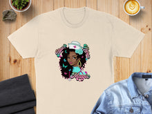 Load image into Gallery viewer, Cream t-shirt with Black Girl Magic nurse graphic and butterflies.