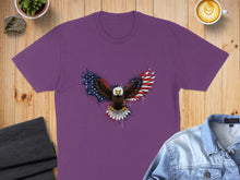 Load image into Gallery viewer, Purple t-shirt with a patriotic eagle graphic featuring American flag wings.