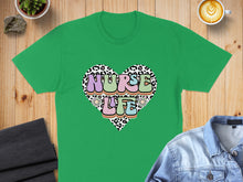 Load image into Gallery viewer, Green t-shirt with a colorful heart graphic reading "Nurse Life".