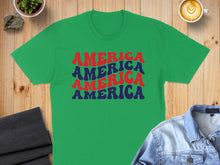 Load image into Gallery viewer, Green t-shirt with "AMERICA AMERICA AMERICA" text in red and blue.