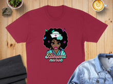 Load image into Gallery viewer, Burgundy t-shirt with "Blessed nurse" text and a woman with butterflies and flowers.