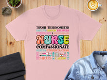 Load image into Gallery viewer, T-shirt with "Nurse" in colorful lettering and related medical terms.