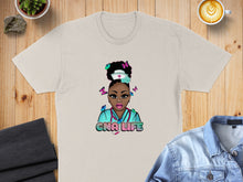 Load image into Gallery viewer, T-shirt with cartoon nurse graphic, butterflies, and "CNA LIFE" text.