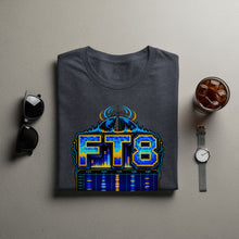Load image into Gallery viewer, Dark grey t-shirt with a graphic of the text "FT8" above a globe and signal display.