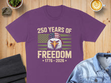 Load image into Gallery viewer, Purple t-shirt with eagle and American flag design, 250 years of Freedom 1776-2026.