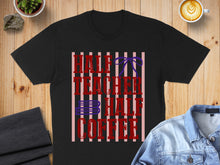 Load image into Gallery viewer, Black t-shirt with "Half Teacher Half Coffee" text, striped background, and blue ribbon.