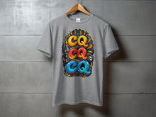Load image into Gallery viewer, Grey t-shirt with colorful "CQ CQ" text, microphone, radio, and rainbow design.