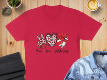 Load image into Gallery viewer, Red t-shirt with "Peace Love Phlebotomy" text and medical icons.