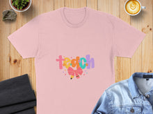 Load image into Gallery viewer, Pink t-shirt with "teach" in colorful letters and a bow.