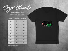 Load image into Gallery viewer, Next Level 3600 unisex cotton t-shirt size chart with measurements in inches.