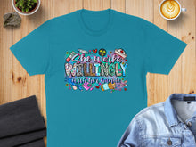 Load image into Gallery viewer, Teal t-shirt with "She Works Willingly With Her Hands" graphic and medical icons.