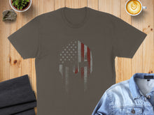 Load image into Gallery viewer, Brown t-shirt with distressed American flag Spartan helmet graphic.