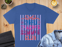 Load image into Gallery viewer, Blue t-shirt with "Tired Teacher Summer Club" text and striped background.