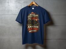 Load image into Gallery viewer, Navy t-shirt with "When Everything Else Fails Amateur Radio Works" text and graphic.