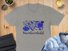 Load image into Gallery viewer, Gray t-shirt with blue peace sign, heart, and dental graphics and text.
