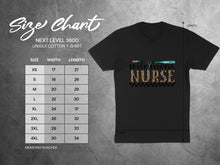 Load image into Gallery viewer, Next Level 3600 unisex t-shirt size chart with "Wife Mom Nurse" graphic.