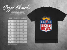 Load image into Gallery viewer, Benito Bowl Unisex Cotton T-Shirt Size Chart Detailed