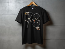 Load image into Gallery viewer, Black t-shirt with textured black hose forming the number 73.