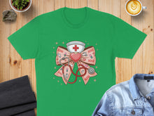 Load image into Gallery viewer, Green t-shirt with pink stethoscope and XO heart nurse graphic.