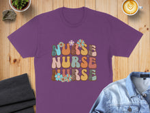 Load image into Gallery viewer, Purple t-shirt with "Nurse" text in retro floral and leopard print.
