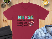 Load image into Gallery viewer, Maroon t-shirt with "Nurse" text and stethoscope design.
