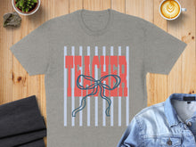 Load image into Gallery viewer, Gray t-shirt with "TEACHER" text, blue ribbon, and vertical stripes.