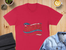 Load image into Gallery viewer, Red t-shirt with "AMERICA" in distressed vintage lettering, stars, and stripes.