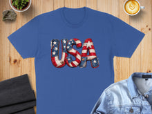 Load image into Gallery viewer, Blue t-shirt with "USA" in distressed American flag lettering.