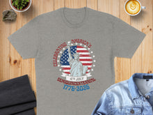Load image into Gallery viewer, Grey t-shirt with "Celebrating America's 4th July" and flag graphic.