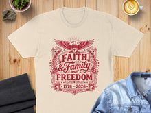 Load image into Gallery viewer, Cream t-shirt with "Faith, Family, and Freedom" text and eagle emblem.