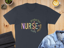 Load image into Gallery viewer, Dark grey t-shirt with "Nurse protector warrior hero" text in colorful animal print letters.