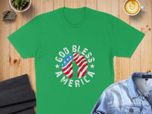 Load image into Gallery viewer, Green t-shirt with "God Bless America" text and American flag graphic.
