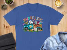 Load image into Gallery viewer, Blue t-shirt with cartoon truck labeled "Nurse Life" carrying medical supplies.
