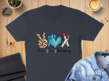 Load image into Gallery viewer, T-shirt design with peace sign, gift box, and syringes, text "Peace Love Phlebotomy."