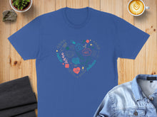 Load image into Gallery viewer, Blue t-shirt with heart-shaped medical icons and text "nurse" and "patience."