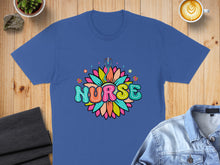 Load image into Gallery viewer, Blue t-shirt with a colorful sunflower graphic and "NURSE" text.