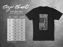 Load image into Gallery viewer, Size chart and retired mechanic t-shirt with flag graphic.