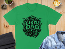 Load image into Gallery viewer, Green t-shirt with "Biker Dad" text and motorcycle graphic.