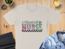 Load image into Gallery viewer, Registered Nurse text with medical icons and leopard print background on a t-shirt.