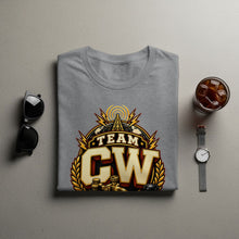 Load image into Gallery viewer, Gray t-shirt with "Team CW" logo featuring a radio tower and laurel wreaths.