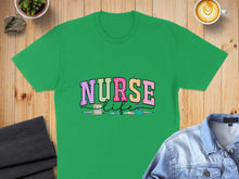 Load image into Gallery viewer, Green t-shirt with "NURSE" in colorful block letters and medical icons.