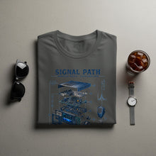 Load image into Gallery viewer, T-shirt with blue "Signal Path Amateur Radio Exploded View" graphic.
