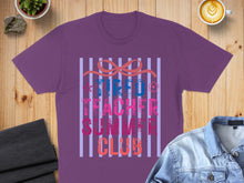 Load image into Gallery viewer, Purple t-shirt with text "Tired Teacher Summer Club" on striped background.