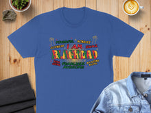 Load image into Gallery viewer, Blue t-shirt with "BLACK DAD" in colorful, stylized text and empowering words.