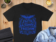 Load image into Gallery viewer, Black t-shirt with blue "Faith & Family & Freedom" text and eagle graphic.