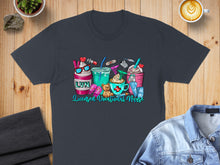 Load image into Gallery viewer, T-shirt with cartoon LVN drinks, teddy bear, and medical supplies.