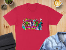 Load image into Gallery viewer, Red t-shirt with "One Spooky Nurse" text and Halloween-themed medical graphics.