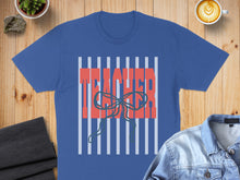 Load image into Gallery viewer, Blue t-shirt with "TEACHER" text and a blue bow against striped background.