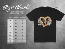 Load image into Gallery viewer, Unisex cotton t-shirt size chart for Next Level 3600, with measurements in inches.